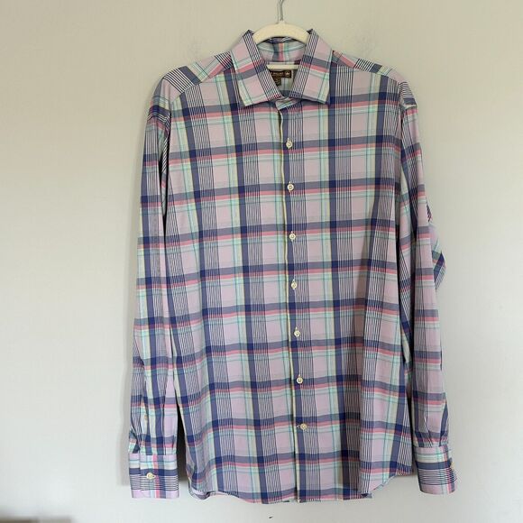 Peter Millar Summer Comfort Button Down Shirt Mens Large Plaid Blue Pink Spring - Picture 1 of 9